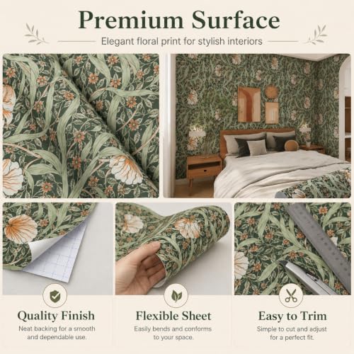 Image of Sage Green Vintage Floral Peel and Stick Wallpaper - Elegant Botanical Self Adhesive Wallpaper Roll for Living Room, Bedroom, Hallway, Accent Wall, Cabinet & Furniture