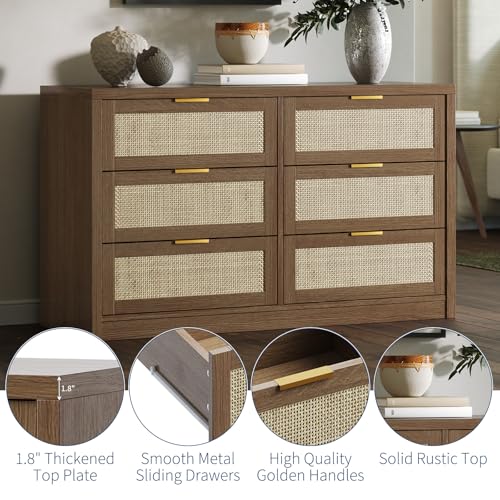 6 Drawer Dresser for Bedroom, 52.7" Wide Rattan Dresser, Wooden with Gold Handles, Farmhouse Tv Stand Entryway Table, Modern Chest of Drawers for Living Room, Entryway
