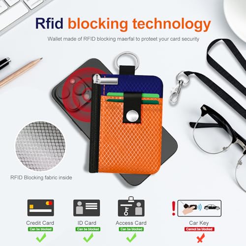 Image of Minimalist RFID Blocking Small Wallet with ID Window,WaterResistant Zip Id Case Wallet with Lanyard Keychain for Cards,Cash,Travel,Women,Men (Orange /Sapphire Blue)