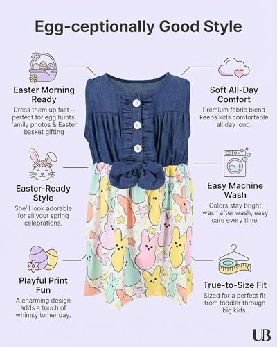 Image of Unique Baby Girls Sleeveless Denim Dress with Knot Tie and Fun Print for Toddler and Big Kids