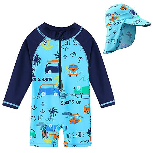 HUAANIUE Baby/Toddler Swimsuit Long Sleeve One-Piece Swimwear Rashguard with Hat Car 6-12 Months