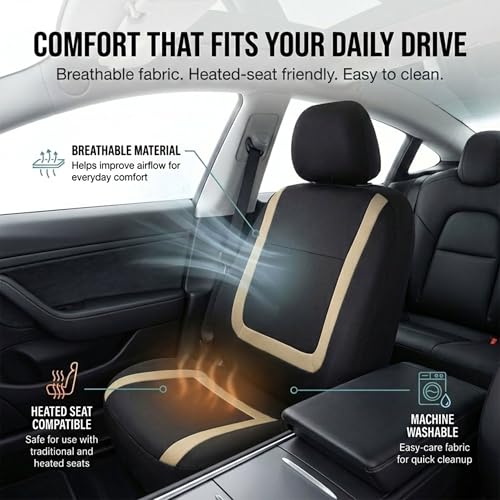 Image of FH Group Car Seat Covers Full Set Cloth - Universal Fit Automotive, Low Back Front, Solid Back, Washable Car Seat Cover for SUV, Sedan and Van Beige
