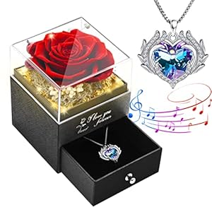 Valentines Day Gifts for Her, Preserved Red Real Rose with Angel Wing Jewelry Necklaces, Eternal Rose Flower Music Box…
