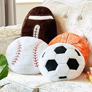 Juexica 4 Pcs Sports Throw Pillows Fluffy Stuffed Soccer Basketball Baseball Pillow Plush Toy Sport Cushion for Room Decor Birthday Present(Medium,Plush)