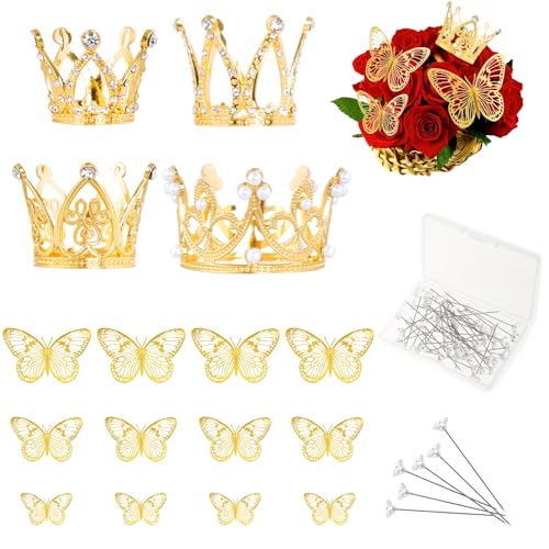 66PCS Flower Bouquet Accessories Gold Cake Crown Topper Mini Crowns Decoration for Birthday Wedding