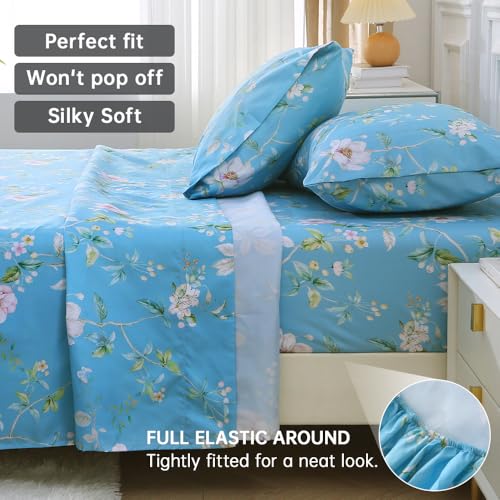 Image of MUXHOMO Queen Size 4 Piece Sheet Set, Soft & Breathable Sheet for Bedroom with Deep Pocket Up to 16 inch, Wrinkle-Free & Cooling Bed Sheet with Flat Sheet, Fitted Sheet & Pillowcases - Magnolia Blossom