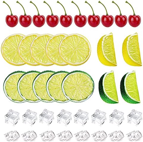 Yuronam 40 Pcs Fake Crushed Ice and Square Ice Rocks,10 Pcs Artificial Fruit Lemon Slices, 4 Pcs Simulation Lemon Blocks and 10 Pcs Lifelike Cherries for Home Kitchen Decoration Photography Prop