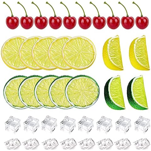 Yuronam 40 Pcs Fake Crushed Ice and Square Ice Rocks,10 Pcs Artificial Fruit Lemon Slices, 4 Pcs Simulation Lemon Blocks and 10 Pcs Lifelike Cherries for Home Kitchen Decoration Photography Prop Cover