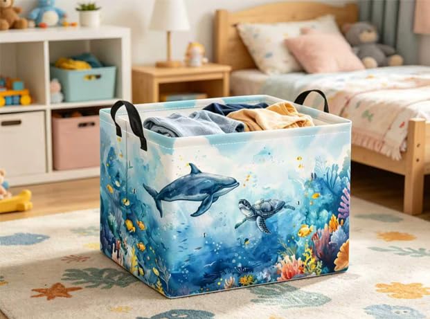 Image of Rectangular Baby Kids Storage Basket for Home Kitchen Girls Cute Toy Storage Bin Organizer Shelf Book Room Decor(Marine Animals)