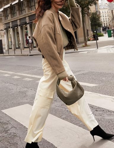 Women's Cropped Bomber Jacket Casual Baseball Collar Button Down Fashion Oversized Coat with Pockets Outwear3