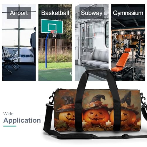 Pumpkins Witch Hats Candles Autumn Leaves Travel Gym Bag for Women Men Cylindrical Duffle Bag Sport Workout Bag with Shoulder Strap3