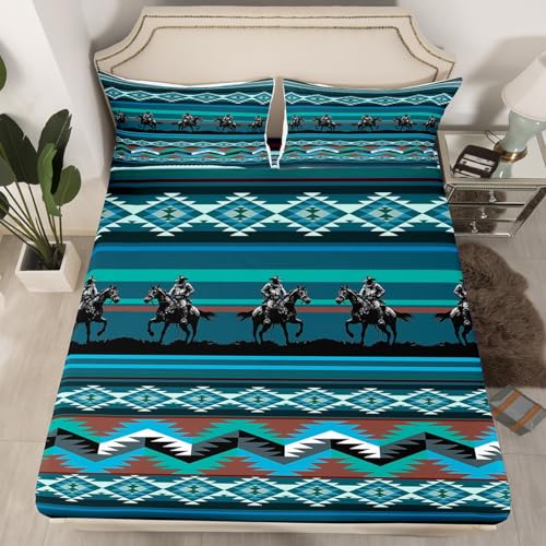 Southwestern Bed Sheet Set Double Western Fitted Sheet for Kids Boys Girls Decor Cowboy Print Bedding Set Tribal Horse Blue Bed Cover Deep Pocket Bedroom