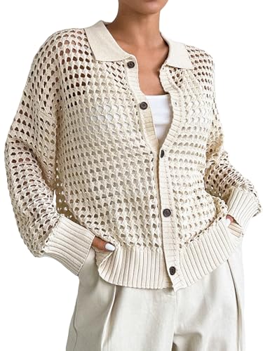 QWINEE Women's Crochet Cardigan Sweater Lightweight Cardigan Hollow Out Sweater Long Sleeve Button Down Knit Top
