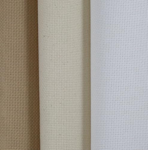 Image of KCS 3 pc of 15 inch x 18 inch(38cmx45cm) 18 Count Cross Stitch Cotton Aida Cloth Needlework Rolled Fabric Box,18CT,White+Oatmeal+Khaki