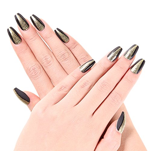 Ejiubas 24 Pcs Matte Black with Glitter Full Cover Squaletto Talone Medium False Nail Tips with 1pcs Glue for Free