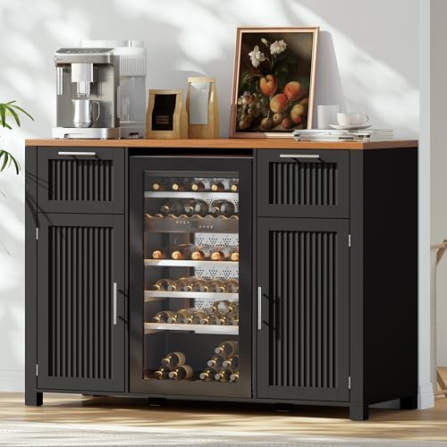 Image of Coffee Bar Cabinet with Fridge Space, Mini Fridge Cabinet with Power Outlet, Modern Wine Liquor Cabinet with 2 Drawers, Fluted Buffet Sideboard with Door Storage for Living Room, Kitchen, Home, Black