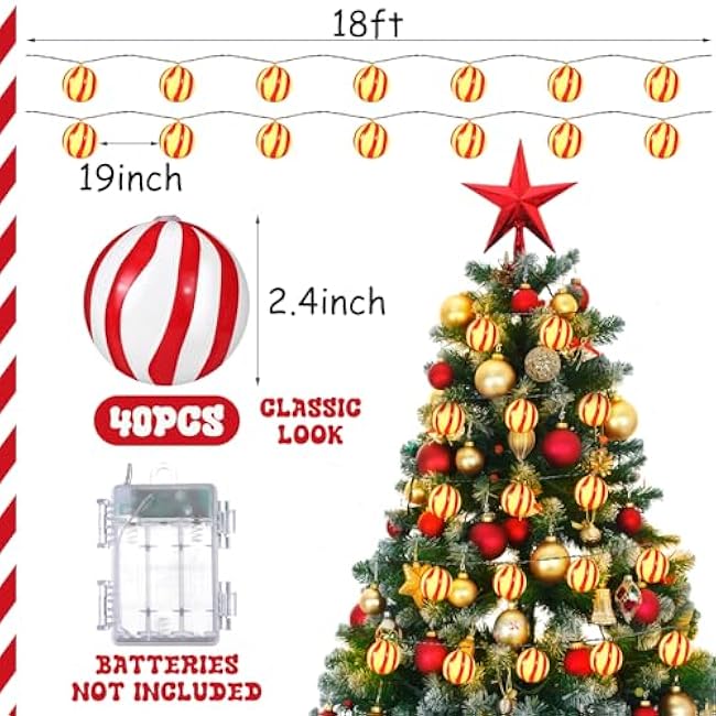 20ft Outdoor Christmas String Lights with 40 Bulbs Red and White Christmas Lights Decorations Christmas Tree Hanging Glitter Candy Ball for Christmas Party Fireplaces Front Door Stairs