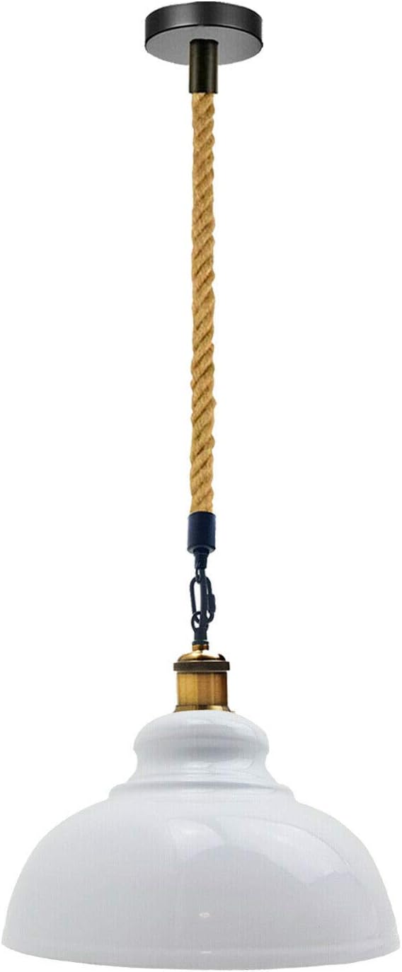 White Dome Pendant Light E26 Ceiling Hanging Lamp with 100cm Adjustable Hemp Cable Metal Shade Retro Industrial Lighting Fixture for Kitchen Island Dining Living Room Cafe(White)