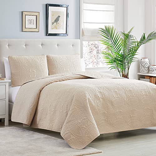 Mellanni King Size Bedspread Coverlet Set - Bedding Cover With Shams - Ultrasonic Quilting Technology - 3 Piece Oversized King Quilt Set - Bedspreads & Coverlets (King, Beige) #TOP1