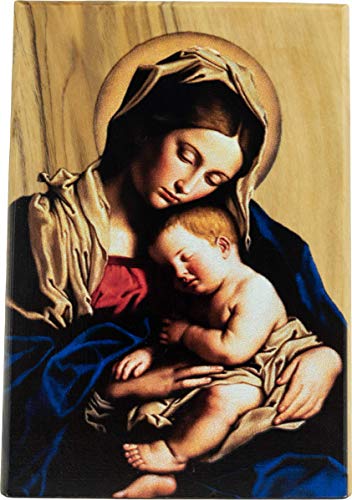 Madonna and Child Icon, Virgin Mary and Baby Jesus, Holy Land Olive Wood Icon Decor, Sacred Blessed Mother Catholic Art for Home or Church Altar Table, Religious Standing Wooden Plaque