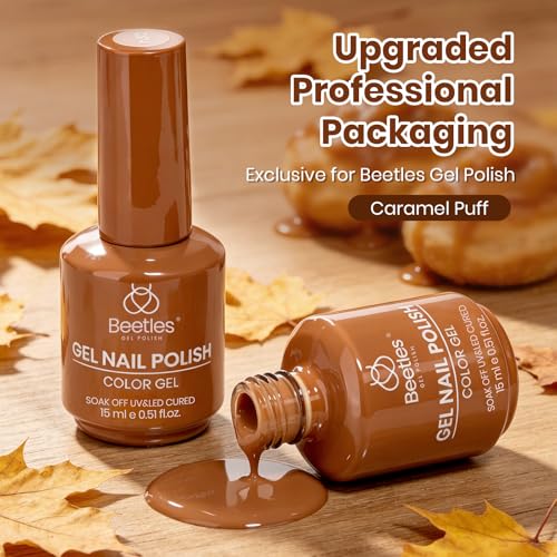 Image of Beetles Brown Gel Nail Polish - Caramel Puff 15ml Warm Nude Brown Nail Color Polish for Fall Manicure, High Gloss Autumn Nail Art Soak Off UV LED Gel for Women, Home DIY & Salon Use