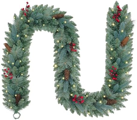 9FT Pre-lit Blue Spruce Artificial Christmas Garland with Red Berries and Pine Cones, 50 Warm White LED Lights, Battery Operated with Timer, Classic Holiday Decoration