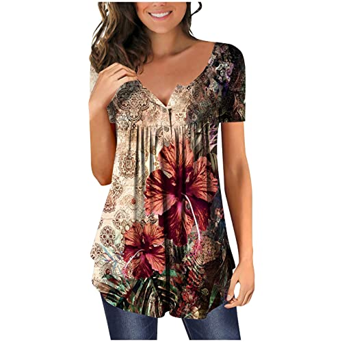 Tunic Tops Women Summer Casual Dressy Short Sleeve Floral Boho T Shirts Henley Tshirt Cute Tees Trendy Flowy Ladies Blouses, Green-04, X-Large