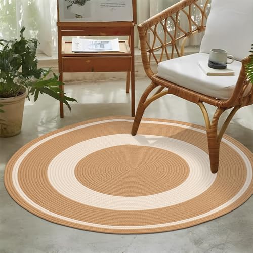 Image of Cotton Rope Rounds Rug with Tassels - Handwoven Bohemian Carpet for Living Room, Bedroom, Pooja & Home Decor, Soft & Washable Floor Mat,Design White & Beige, 6x6 feet