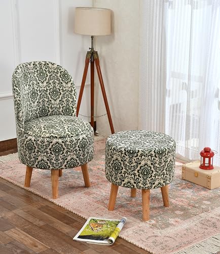 Image of NACIA Velvet Printed Ottoman Chair with Stool Combo | Dressing Table Chair for Bedroom Makeup Room Decor | Modern Upholstered Ottoman with Wooden Legs for Home (18x18x32 Inches, Green Damask)