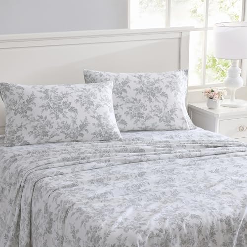 Image of Laura Ashley - Flannel Sheets Queen Size, Anti-Pilling & Wrinkle Resistant Cotton, Touchably Soft for All-Season Comfort - Bed Sheets with Matching Pillowcases & Fitted Sheet (Vanessa Grey)