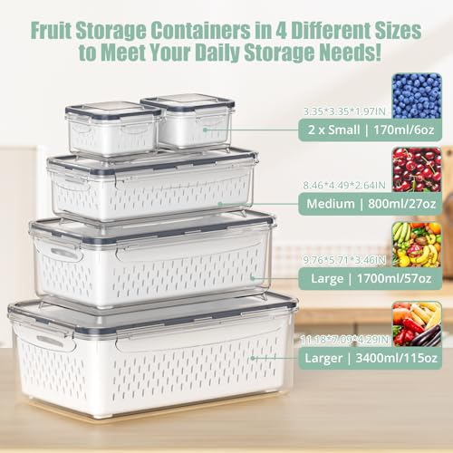 5 Pcs Fruit Storage Containers For Fridge with Removable Colander and Handle Lid, Refrigerator Organizers and Storage, A - Additional View