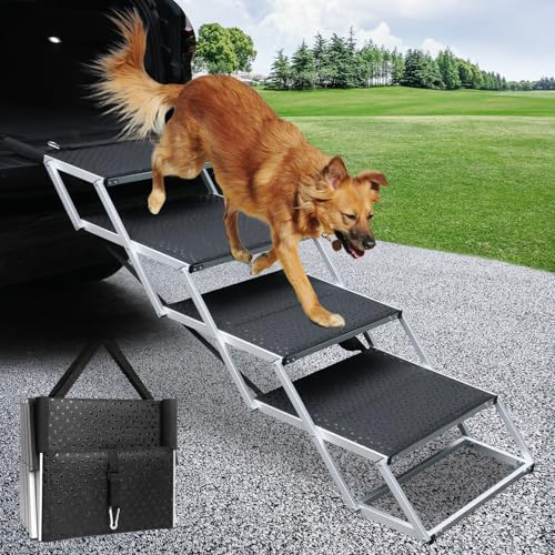 SDLDEER Hundetreppe Auto, 4 Stufen Hunderampe Auto klappbar, Einstiegshilfe Hund Auto für alle Fahrzeuge nutzbar, Höhenverstellbar, Belastbar bis 80 kg