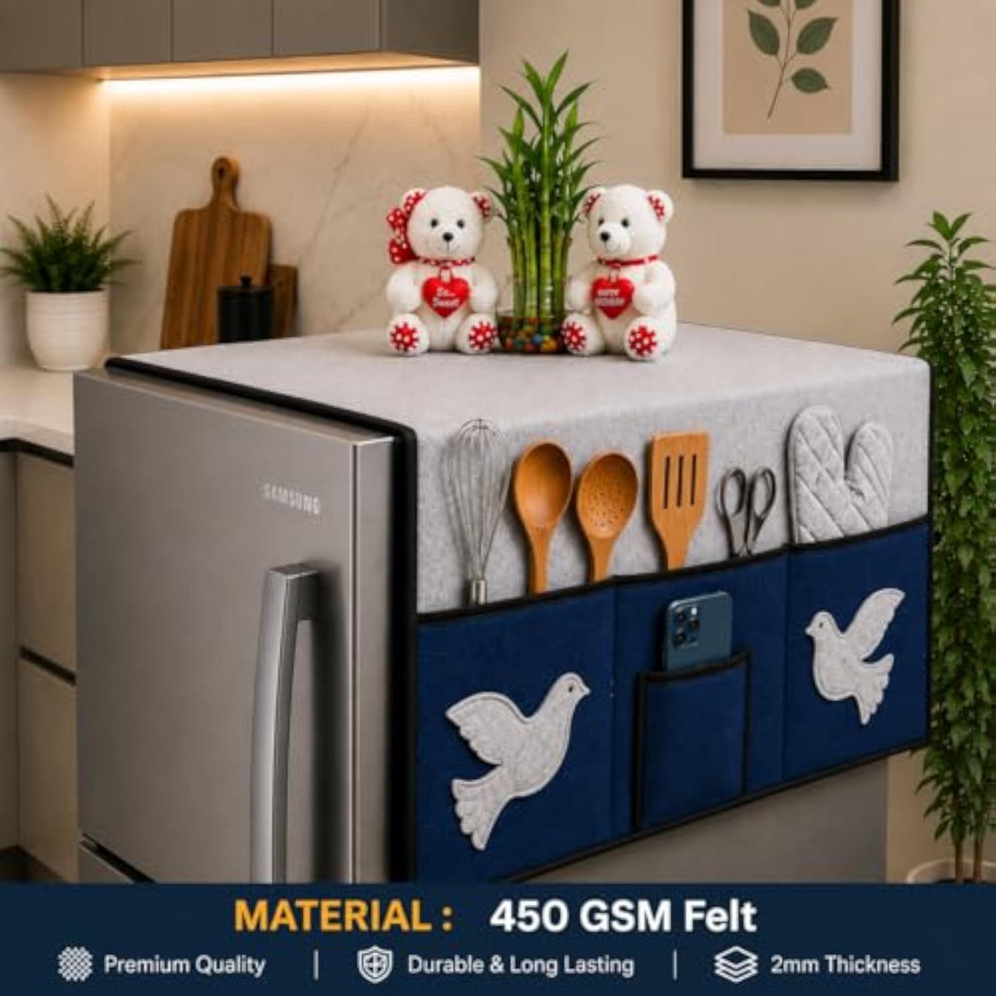 Fridge Top Cover with 5 Storage Side Pockets, Dustproof Mat
