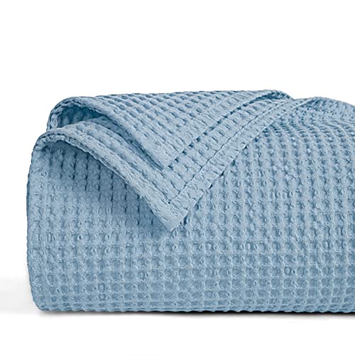 Image of PHF 100% Cotton Waffle Blanket Lightweight Breathable, King Size Dusty Blue | Pre-washed Soft Cozy Summer Throw for Hot Sleepers, Textured Decorative Layer for Bed Couch Sofa Guest Room, Giftable