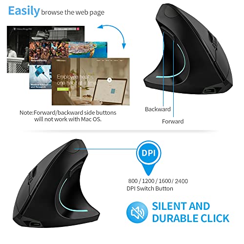 Image of Vertical Mouse, Right Handed 2.4GHz Wireless Ergonomic Rechargeable Vertical Mouse with 4 Adjustable DPI 800 /1200 /1600 /2400, 6 Buttons,Compatible with PC, Desktop,Mac (Black)