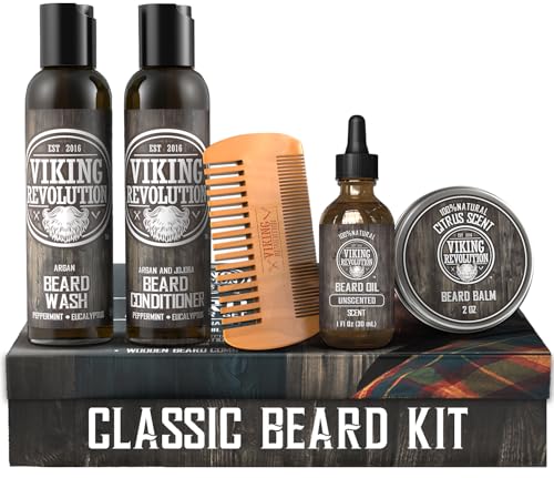 Viking Revolution Ultimate Conditioner for Men's Beard Grooming - Softens, Smoothes and Soothes Beard Itch- Contains Wash, Conditioner, Beard Oil, Balm and Comb- Classic Set