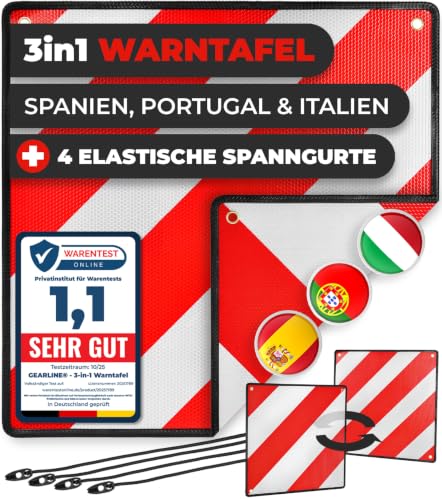 GEARLINE 3-in-1 Warntafel für Italien Spanien & Portugal [inkl. 4 Spanngurte] - Reflektierendes Warnschild für Heckträger bei Reisen nach Spanien Portugal & als optische Kennzeichnung für Italien