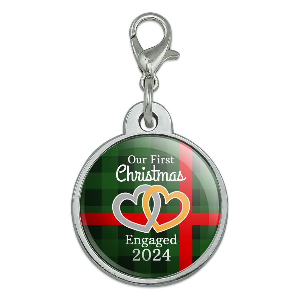 Our First Christmas Engaged 2024 Hearts Green Plaid Chrome Plated Metal Pet Dog Cat ID Tag - Small