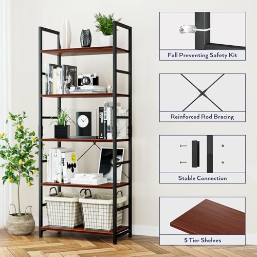 Image of NUMENN Engineered Wood, Alloy Steel 5 Tier Bookshelf, Tall Bookcase Shelf Storage Organizer, Modern Book Shelf for Bedroom, Living Room and Home Office, Vintage, Black Brown (5 Layer)