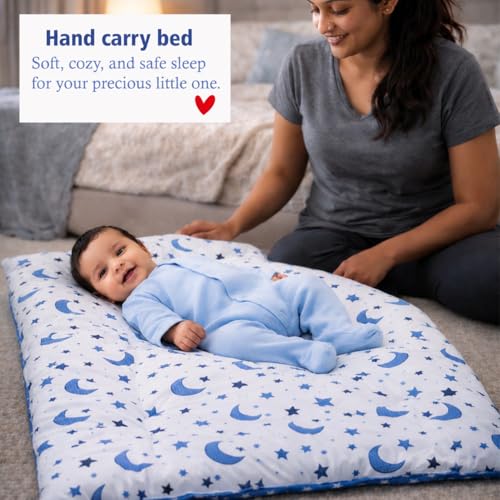 Image of Infantbond Designer Mattress with Net | Baby Sleeping Bag | Carry Bed (0-6 Months) (Moon Blue (N,S))