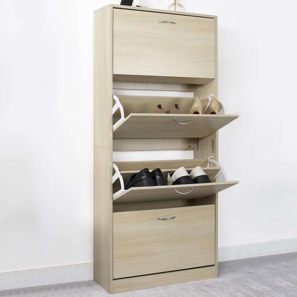 BAKAJI Stojak na buty MDF drewniany stojak na buty z 4 drzwiami z klapkami metalowe uchwyty podwójna głębokość kompaktowy rozmiar slim 63 x 24 x 150 cm oszczędność miejsca wejście do domu (wiąz)