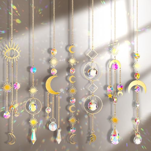 Lot de 7 carillons à vent en cristal attrape-soleil, pendentifs cristaux ornement étoile soleil lune arc-en-ciel boules de cristal pour fenêtre maison jardin jour de Noël fête mariage décoration