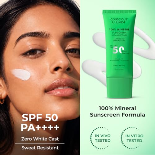 Image of Conscious Chemist 100% Mineral Sunscreen Ultra Light Fluid | SPF 50 PA++++ | In-Vivo Tested | Zinc Oxide & Niacinamide | Cica Exosome | Matte Finish, Sweat Resistant | No White Cast | For Oily, Acne-Prone & Sensitive Skin | UVA /UVB Protection | Men & Women, All Skin Type - 50ml