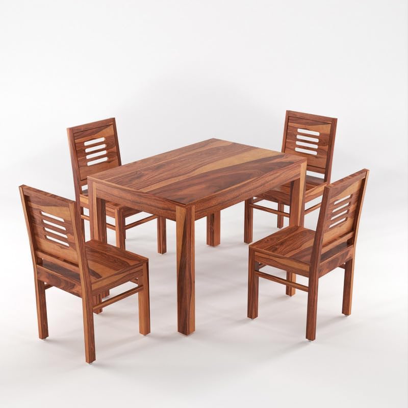 Image of Solid Sheesham Wood Dining Room Sets 4 Seater Dining Table with 4 Chairs for Dining Room, Living Room, Kitchen, Hotel, Restaurant, Cafeteria (Honey)