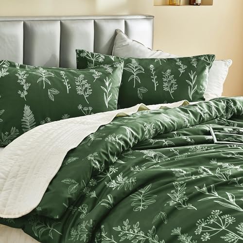 MUXHOMO Duvet Cover Queen Size, Reversible Floral Dark Green Duvet Cover Set with Zipper Closure, 3 Pieces Botanical Patterns Soft Microfiber Bedding Set with 4 Ties (90"x90", 2 Pillow Cases)