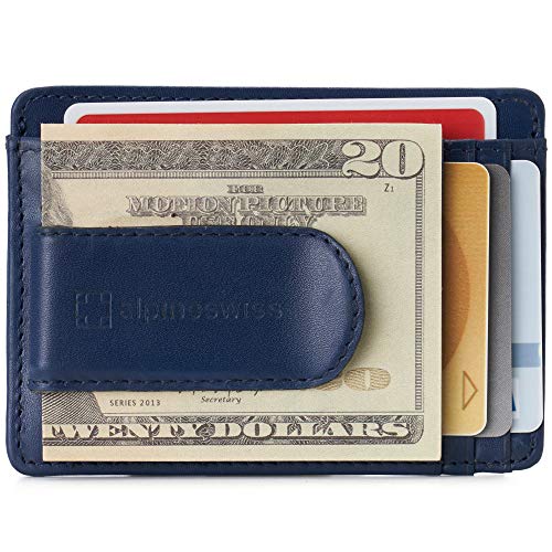 Alpine Swiss Dermot Mens RFID Safe Money Clip Minimalist Wallet Smooth Leather Comes in Gift Box Blue