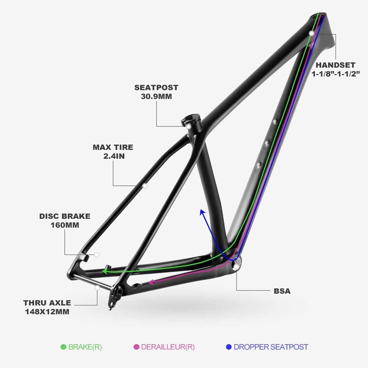 29er Mountain Bike Hardtail Frame 15.7/16.7/18.5in Carbon Fibre Disc Brake Frame 12 * 148mm Thru-Axle Boost Frame BSA BB73mm Internal Routing Max 2.4in(M-16.9in)