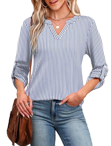 WIHOLL Womens V Neck 3/4 Long Sleeve Work Tops Dressy Casual Blouses Curve Hem Tunic Shirts Fall Outfits 20253