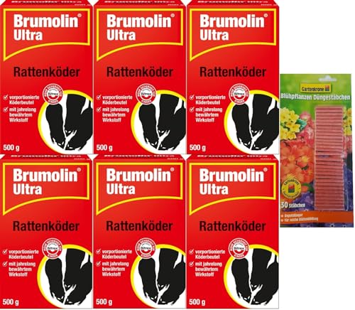 Preisvergleich Produktbild hagebauSPN 6 X 500 g Brumolin Ultra Rattenköder + 30er Gartenkrone Düngestäbchen