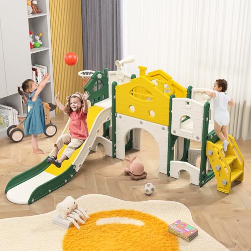 jeerbly Tobogán infantil 7 en 1 con canasta de baloncesto, estructura de escalada, telescópica, túnel, tobogán independiente para interiores y exteriores, parque infantil Montessori
